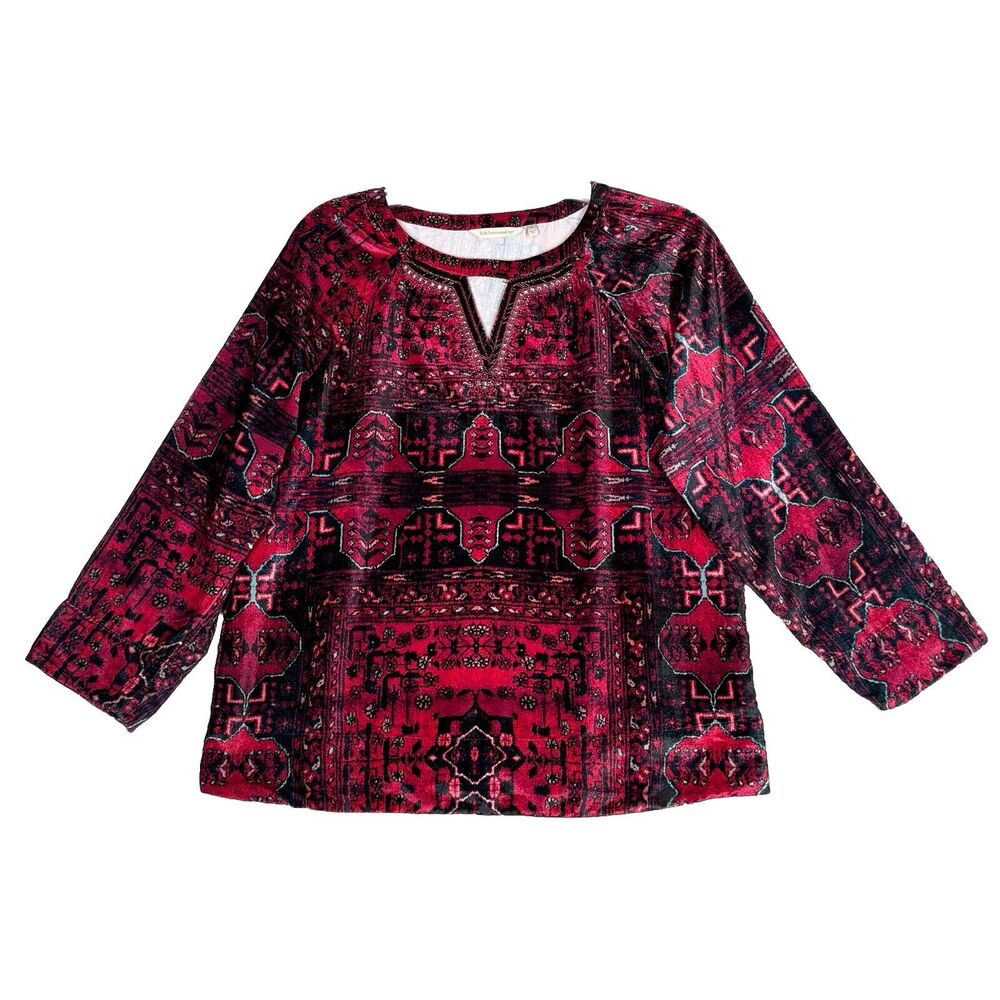 Soft Surroundings Shirt Women Small Red Black Geometric Ottoman Velvet Bohemian